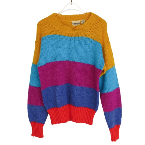 1950s GOTHAM Vintage Multicolor Rainbow Striped Knit Crewneck Sweater Medium - Picture 4 of 5